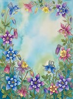 Watercolor floral frame with colorful columbine flowers in blue, pink, and purple on a soft teal background with copy space.