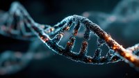 DNA double helix structure with glowing molecular bonds in blue and orange colors for scientific research and biotechnology applications.