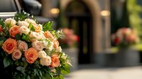 Fresh peach and pink roses bouquet with delicate greenery against blurred elegant architectural background, romantic floral arrangement for weddings and celebrations.