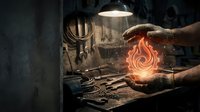 Blacksmith holding glowing molten metal in workshop with hammer and anvil, industrial craftsmanship and metalworking trade skill.