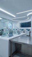 Futuristic medical laboratory interior with holographic displays, modern equipment and LED lighting for healthcare technology concepts.