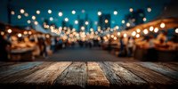 Rustic wooden table with blurred night market or festival in background, string lights creating festive bokeh atmosphere.