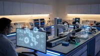 Male scientist analyzing molecular data on computer screen in modern laboratory with advanced equipment and blue ambient lighting for research applications.