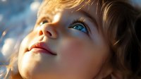 Young Caucasian girl with bright blue eyes gazing upward in golden sunlight, expressing wonder and innocence. Soft focus portrait capturing childhood dreams and curiosity.