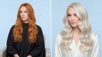 Professional hair transformation showing redhead woman with long wavy copper hair in black outfit and platinum blonde woman with voluminous waves in white shirt.
