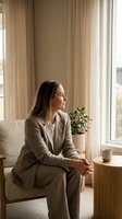 Professional businesswoman in beige suit sitting thoughtfully by window in modern office interior with natural lighting for corporate lifestyle content.