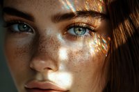 Close up portrait of young woman with freckles and green eyes in dramatic lighting with rainbow prism effect on face, natural beauty and skin texture.