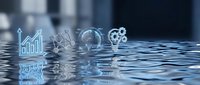 Digital business icons floating on water surface with reflections showing growth charts, global connectivity, and gear mechanisms for corporate presentations.
