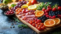 Fresh fruit and charcuterie board with assorted berries, citrus slices, cured meats, and herbs arranged on wooden serving platter against dark background.