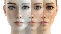 Composite portrait showing different skin conditions and textures on a female face, including freckles, clear skin, and various complexions for dermatology or beauty concept.