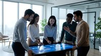 Diverse business team collaborating around interactive digital table in modern office with city view for corporate teamwork presentations.