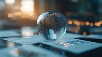 Crystal glass globe on credit card showing world map with blurred bokeh background, representing global financial transactions and international banking.