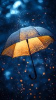 Glowing umbrella with raindrops against dark blue night sky background, illuminated from within creating warm golden light contrast with water droplets.