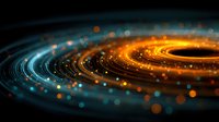 Cosmic spiral of glowing orange and blue particles swirling around dark center, creating abstract galaxy or black hole effect on black background.