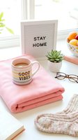 Cozy stay home flat lay with pink blanket, striped mug, succulent, glasses, knit socks, fruit bowl, and letter board on white surface.