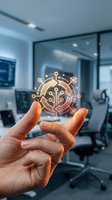 Hand holding glowing digital circuit hologram in modern office space representing artificial intelligence and smart technology innovation.