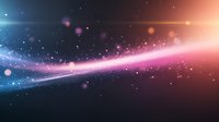 Cosmic abstract background with glowing curved line and particles in blue and pink colors against dark space with lens flare effects and bokeh elements.