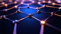 Abstract hexagonal network structure with glowing nodes and connections in blue and orange light for technology and digital communication concepts.