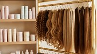 Professional hair extension display in modern beauty salon showcasing various textures and colors from curly to straight styles for hair transformation services.