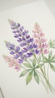 Watercolor lupine flowers in purple and pink hues with green leaves on textured paper background for botanical art and floral design projects.