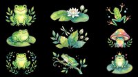 Cute green frogs with foliage, lily pads, and botanical elements isolated on transparent background. Ready for t-shirt designs, clipart, stickers, sublimation, and print-on-demand products.