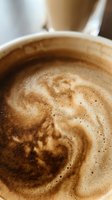 Closeup of creamy cappuccino with latte art swirl and cocoa powder dusting in ceramic cup, suitable for coffee shop menus, cafes, and beverage advertising.