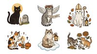 Spooky cat with halo and tombstone, angel tabby with wings, religious cat with bishop hat and autumn leaves, Halloween cat with pumpkin and candles, fluffy cat on cloud with lantern, woodland animals with mushrooms and forest elements. Isolated clipart set ready for design use on merchandise and print projects.