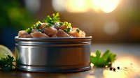 Fresh tuna chunks garnished with parsley and peppercorns in metal tin container against blurred warm background with bokeh lights and copy space.