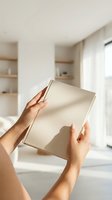 Woman with medium skin tone holding blank glass or acrylic sheet in bright modern interior space with shelving and natural light, suitable for product mockups and design presentations.