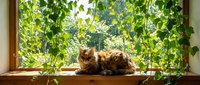 Fluffy tabby cat relaxing on sunny windowsill surrounded by lush green ivy plants creating cozy indoor garden atmosphere for home decor and pet lifestyle content.
