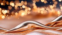 Luxurious rose gold metallic waves with glowing golden bokeh lights creating magical festive atmosphere against soft brown background for holiday designs.
