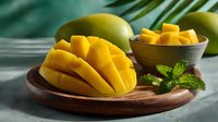 Fresh ripe mango slices on wooden plate with tropical palm leaves background. Healthy exotic fruit snack ready for summer dessert or smoothie preparation.
