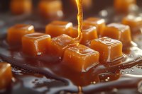 Golden caramel sauce dripping onto soft candy squares with glossy surface, sweet dessert confectionery on dark background with selective focus.