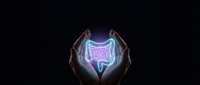 Protective hands surrounding glowing intestinal tract hologram representing digestive health, medical care, and gastrointestinal wellness concepts.