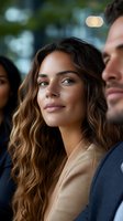 Young Hispanic woman with wavy brown hair looking thoughtfully away while standing close to Caucasian man in business casual attire with blurred urban background.