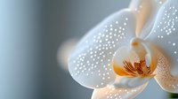 Close-up white orchid flower with delicate petals and orange center against soft blurred background for spa wellness and natural beauty concepts.