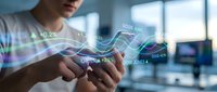 Professional businessman analyzing financial data with holographic charts and graphs on smartphone in modern office environment.