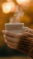 Female hands in brown knit sweater holding steaming coffee cup against warm bokeh background, creating cozy autumn atmosphere for seasonal lifestyle content.