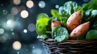 Fresh sweet potatoes and green spinach leaves in rustic basket against dark background with soft bokeh lights creating magical food atmosphere.