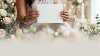 Woman with dark skin tone holding blank white card among pink and white flowers with greenery, suitable for wedding invitations, greeting cards, announcements, and event marketing materials.