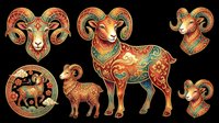 Ornate decorative ram and goat illustrations with intricate patterns, isolated on transparent background, ready for t-shirt design, clipart, stickers, sublimation, and print-on-demand projects.