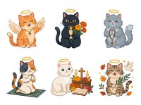 Cute cats with halos and angel wings in various poses. Orange tabby, black, gray, calico and white kittens wearing golden crowns. Isolated clipart for children's designs, greeting cards and merchandise.