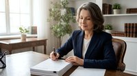 Middle-aged woman with shoulder-length brown hair, Caucasian ethnicity, wearing a dark navy blazer and white shirt, seated at a desk signing documents in a bright, modern office with bookshelves and plants.