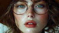 Close up portrait of young woman with bright blue eyes, freckles, glasses and coral lipstick. Natural beauty and fashion concept for cosmetics and eyewear advertising.