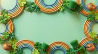 St. Patrick's Day flat lay with rainbow decorations, green clover leaves, leprechaun hats and gold coins arranged on mint background with copy space.