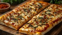 Homemade flatbread pizza with melted mozzarella, herbs and tomato sauce on wooden cutting board, close up view of crispy golden crust and fresh toppings.