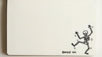 Dancing skeleton figure with "Boogie On" text on cream notebook cover, isolated on white background for design, apparel, and stationery projects.