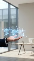 Businessman holding glowing holographic world map with power grid network above hand in modern office, symbolizing global energy management.