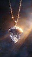 Crystal pendant necklace with golden chain glowing in mystical light rays against dark background, creating magical jewelry atmosphere for luxury design.