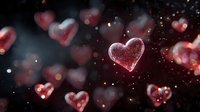 Glowing red hearts floating in dark space with sparkling lights and bokeh effects for romantic Valentine's Day designs and love-themed projects.